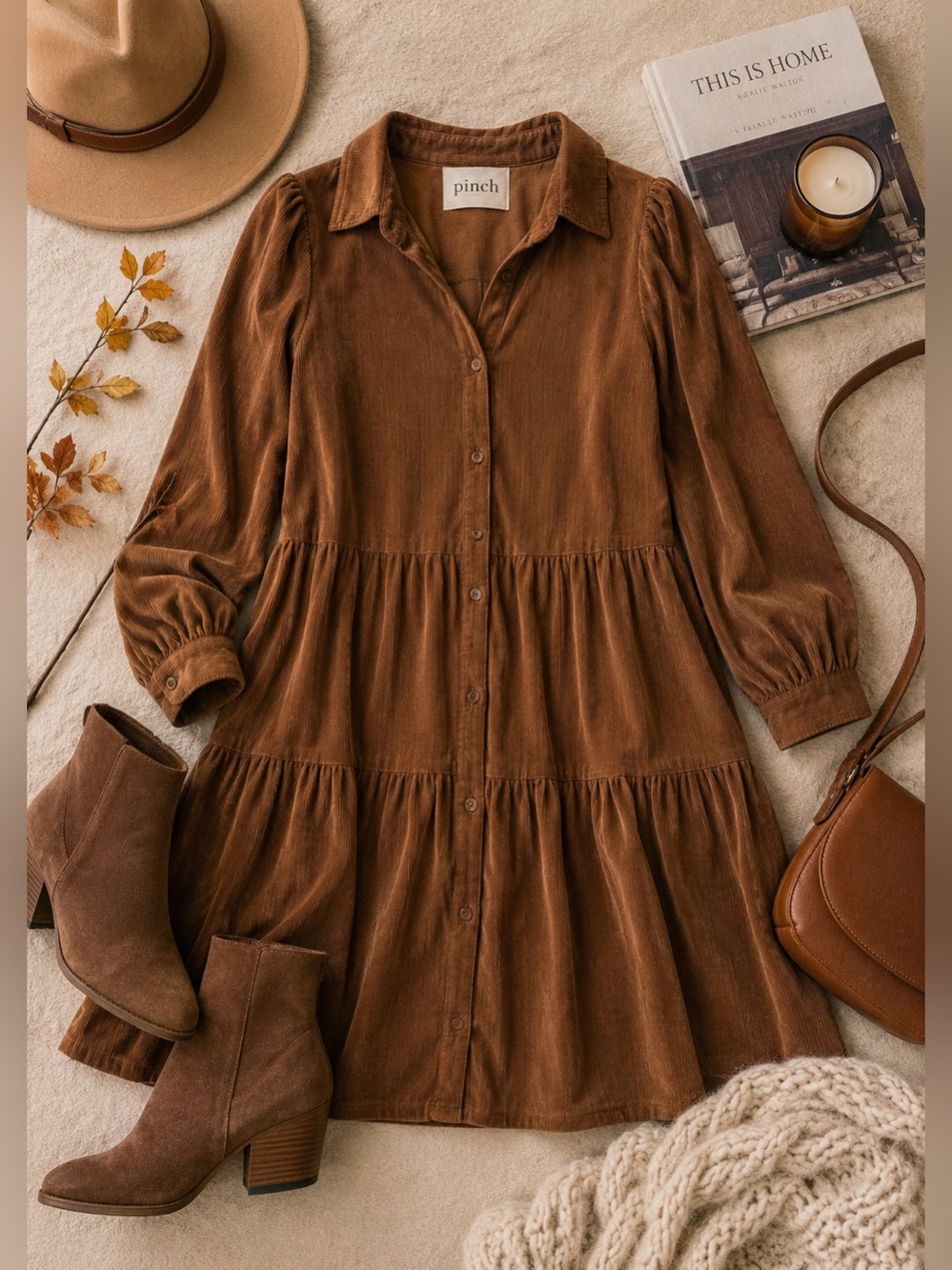 Pinch Corduroy Tiered Shirt Dress Brown Button Front Mini Small